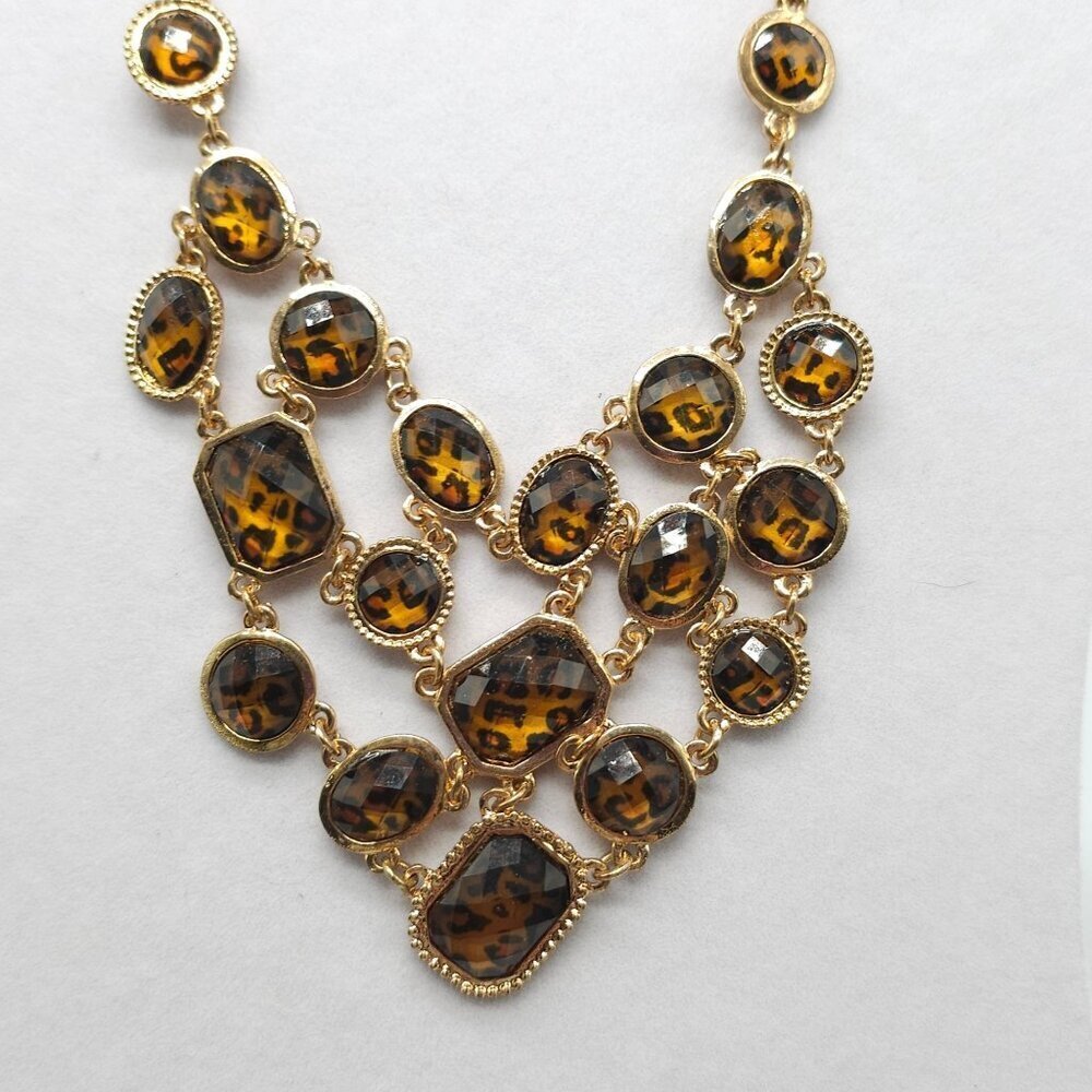 Gold Tone Statement Necklace With Leopard Print Resin Bib Design - Picture 2 of 4